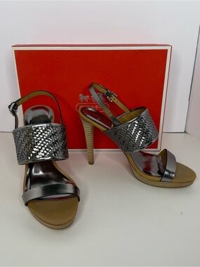 Coach Metallic Gray Woven Leather High Heel Sandals